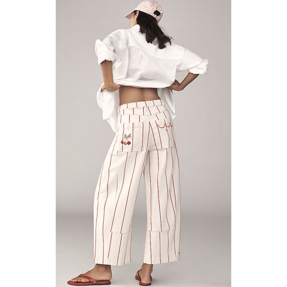 Anthropologie Pilcro Izzie Relaxed Striped Pull-On Barrel Leg Embroidered Pants